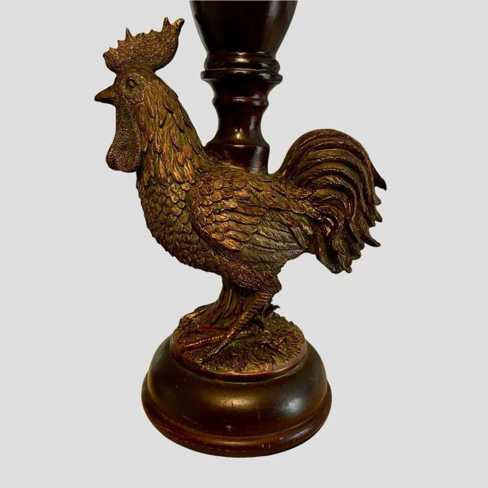 Rustic Rooster Pillar Candle Holder Dark Wood Resin Stand Farmhouse Country 16